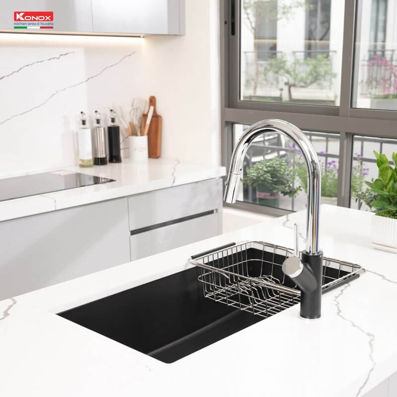 Chậu rửa bát đá gnaite 1 hố Konox Naros 760S Black